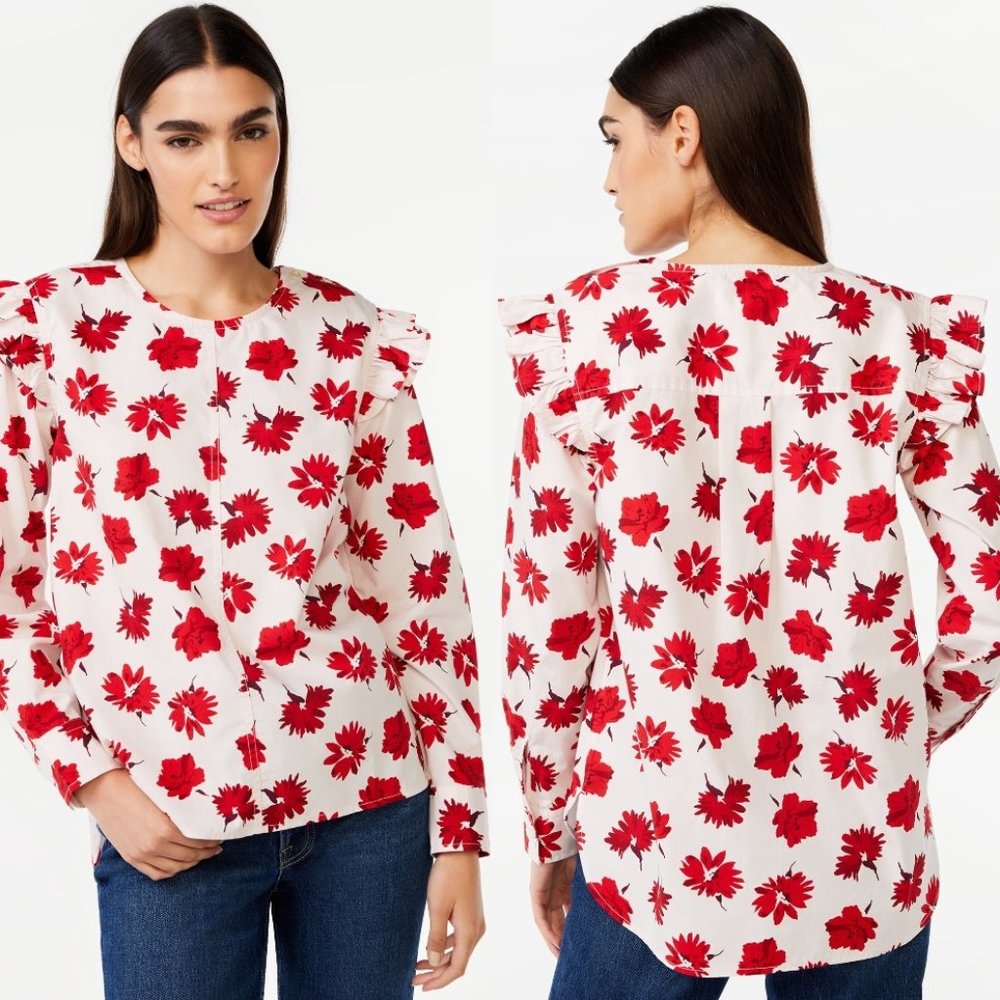 Womens Red Floral Ruffle Sleeve Blouse